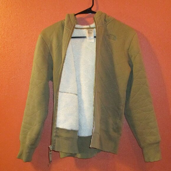 North Face Woman Small Petite Green White Full Zip Pockets Outdoor Hooded Jacket - Picture 4 of 9